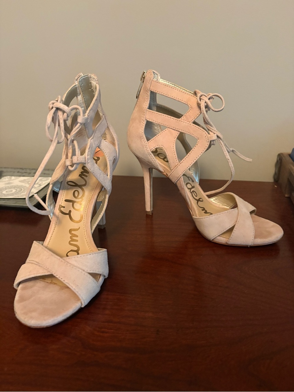 Sam Edelman cream/ blush Suede Lace-Up Stiletto Sandals